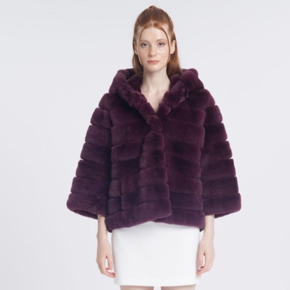 Luxe Velvet Hooded Fur Jacket - Burgundy size Small - Picture 3 of 7
